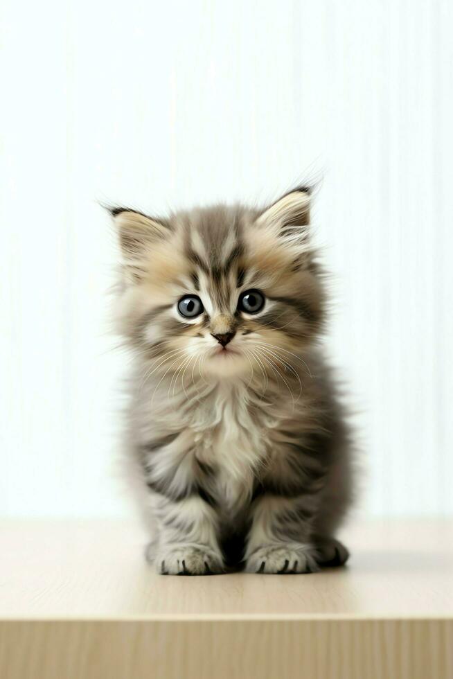 Cute small fluffy kitten with beautiful eyes is sitting or resting. British shorthair. Cat day concept by AI Generated photo