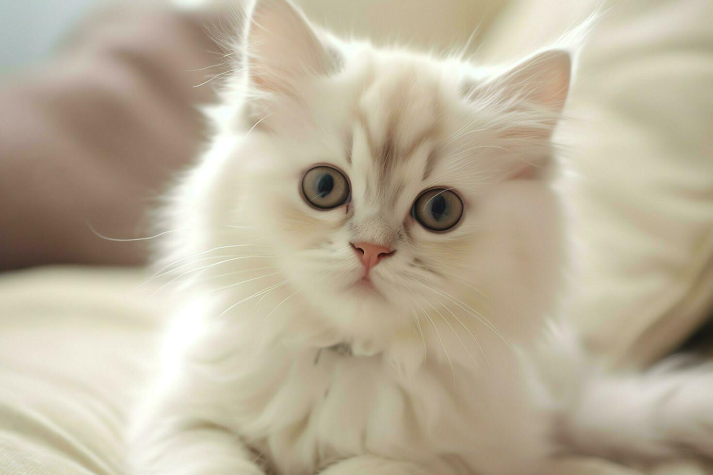 Cute small fluffy kitten with beautiful eyes is sitting or resting. British shorthair. Cat day concept by AI Generated photo