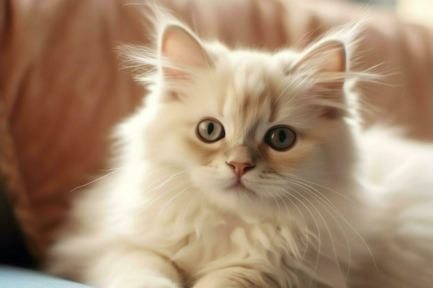 Cute small fluffy kitten with beautiful eyes is sitting or resting. British shorthair. Cat day concept by AI Generated photo