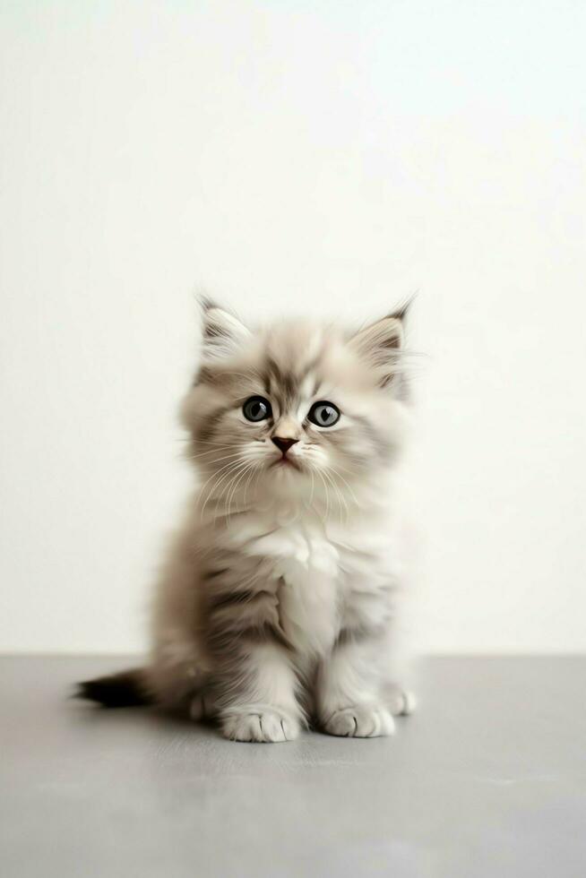 Cute small fluffy kitten with beautiful eyes is sitting or resting. British shorthair. Cat day concept by AI Generated photo