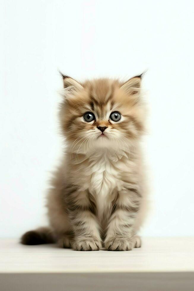 Cute small fluffy kitten with beautiful eyes is sitting or resting. British shorthair. Cat day concept by AI Generated photo