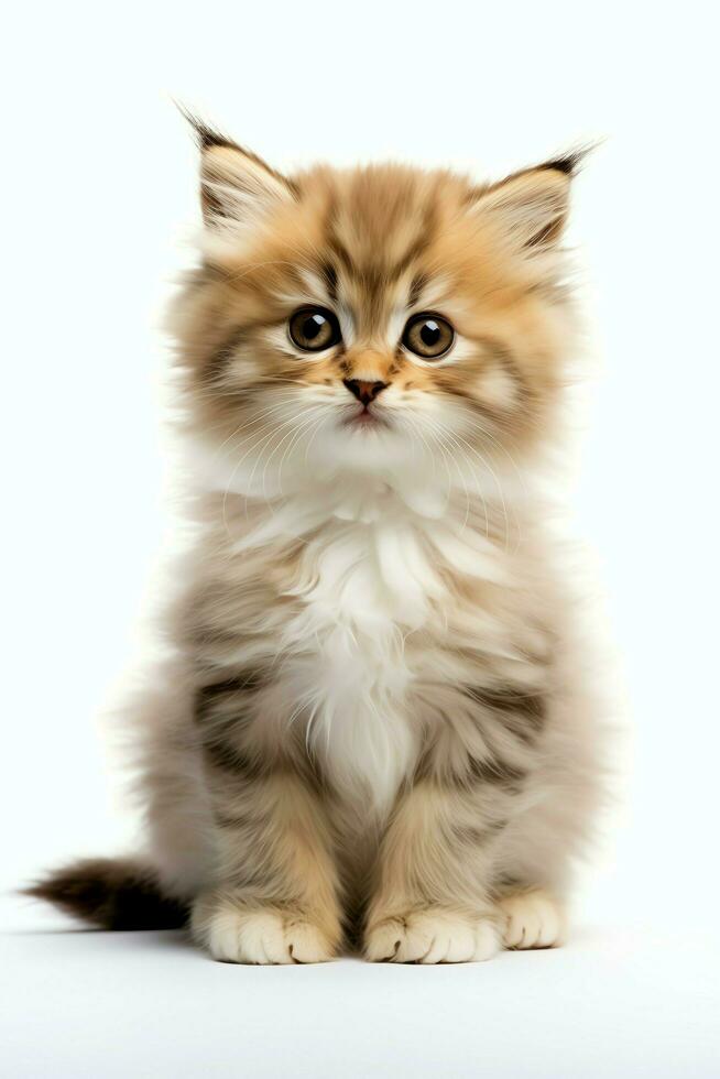 Cute small fluffy kitten with beautiful eyes is sitting or resting. British shorthair. Cat day concept by AI Generated photo