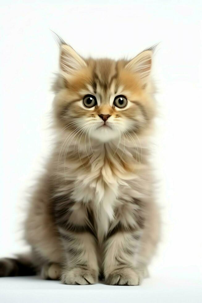 Cute small fluffy kitten with beautiful eyes is sitting or resting. British shorthair. Cat day concept by AI Generated photo