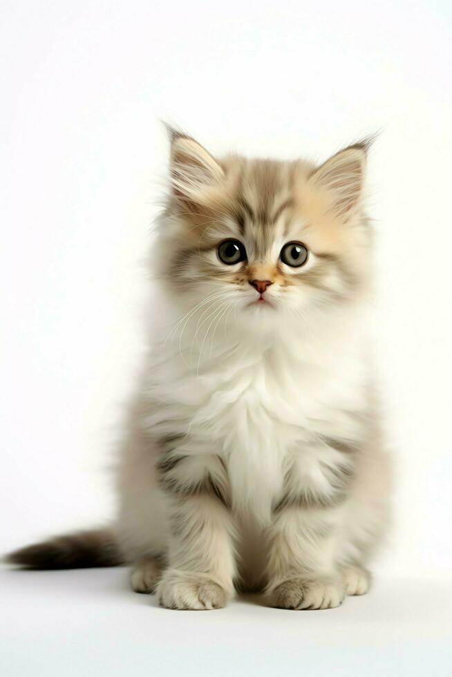 Cute small fluffy kitten with beautiful eyes is sitting or resting. British shorthair. Cat day concept by AI Generated photo