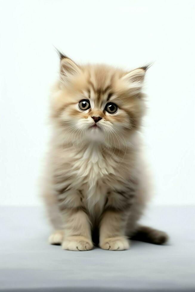 Cute small fluffy kitten with beautiful eyes is sitting or resting. British shorthair. Cat day concept by AI Generated photo