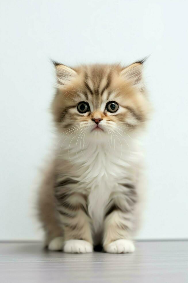 Cute small fluffy kitten with beautiful eyes is sitting or resting. British shorthair. Cat day concept by AI Generated photo