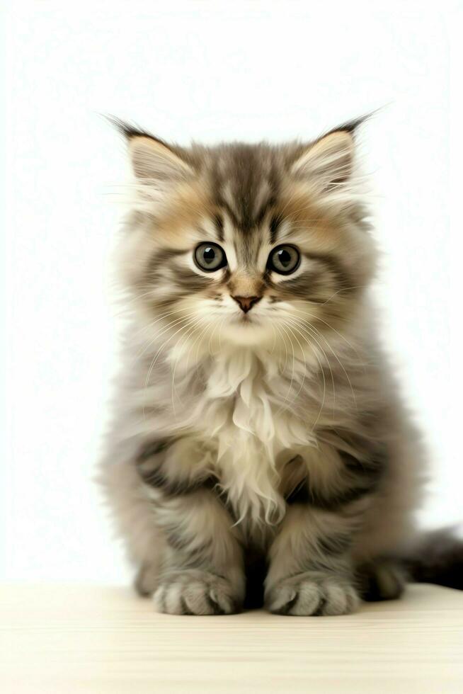 Cute small fluffy kitten with beautiful eyes is sitting or resting. British shorthair. Cat day concept by AI Generated photo