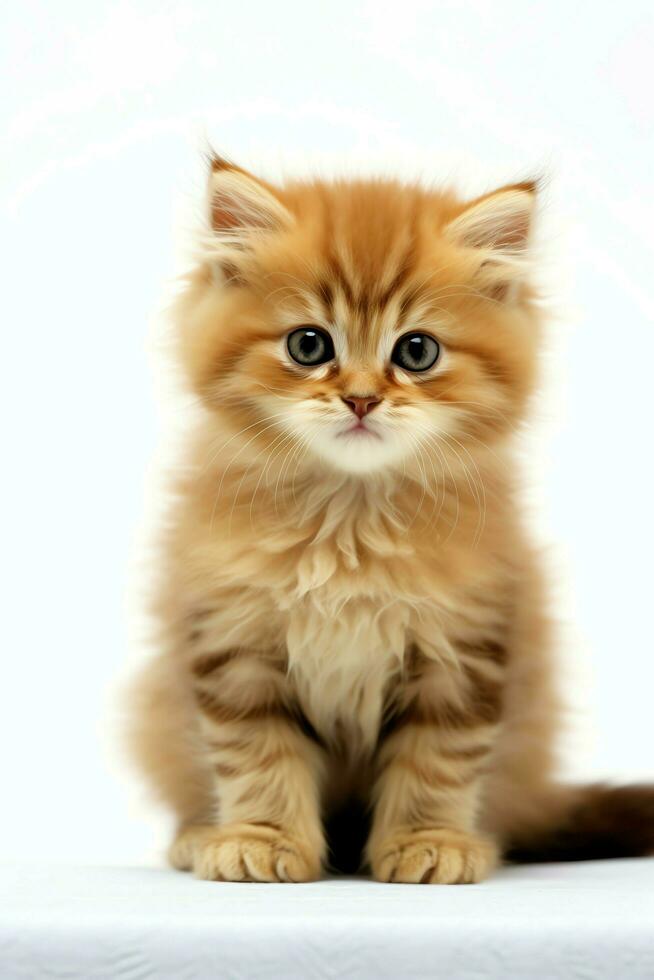 Cute small fluffy kitten with beautiful eyes is sitting or resting. British shorthair. Cat day concept by AI Generated photo