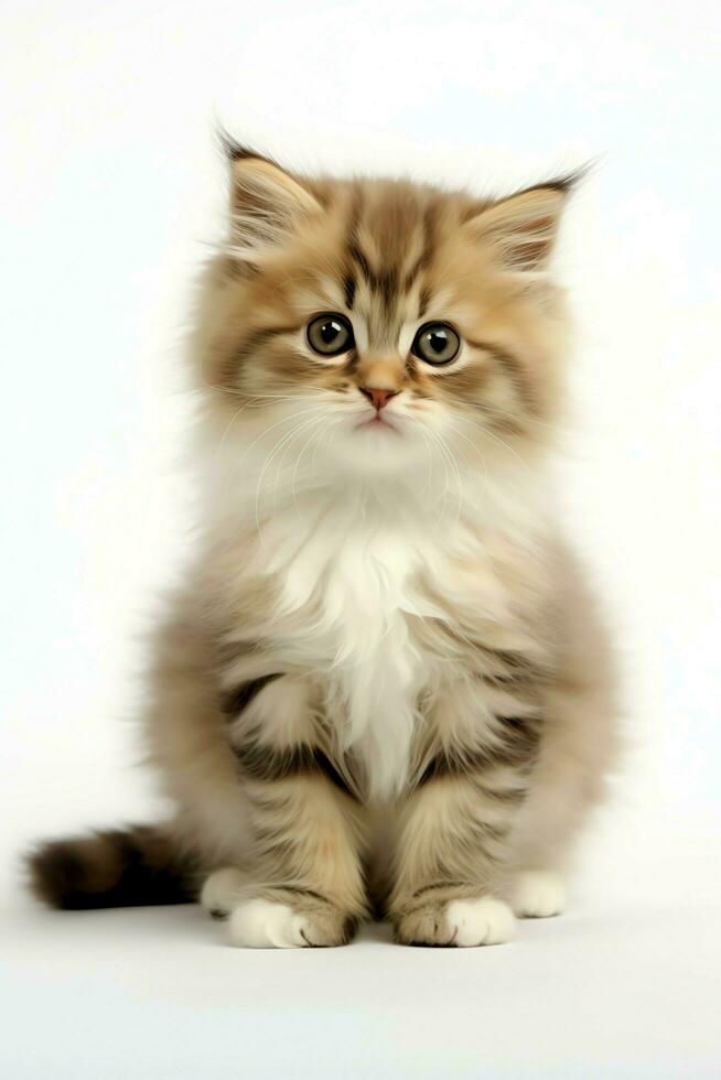 Cute small fluffy kitten with beautiful eyes is sitting or resting. British shorthair. Cat day concept by AI Generated photo
