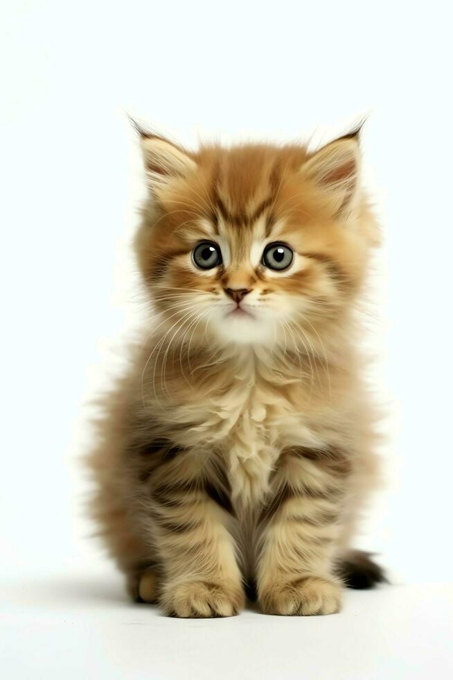 Cute small fluffy kitten with beautiful eyes is sitting or resting. British shorthair. Cat day concept by AI Generated photo