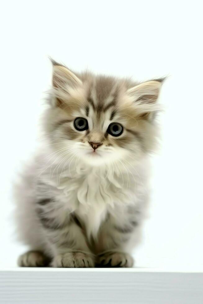 Cute small fluffy kitten with beautiful eyes is sitting or resting. British shorthair. Cat day concept by AI Generated photo