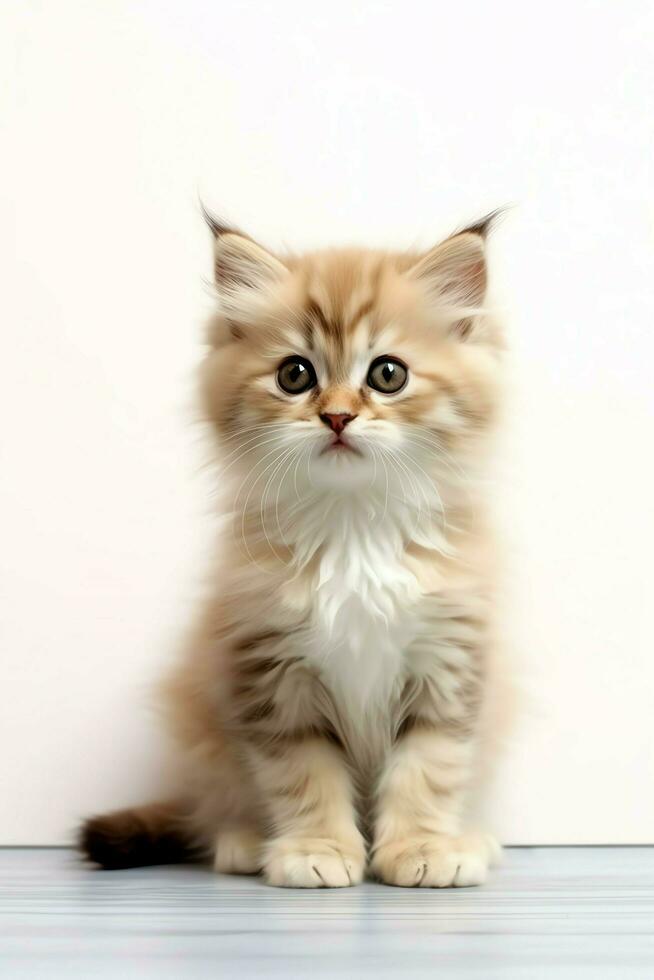 Cute small fluffy kitten with beautiful eyes is sitting or resting. British shorthair. Cat day concept by AI Generated photo