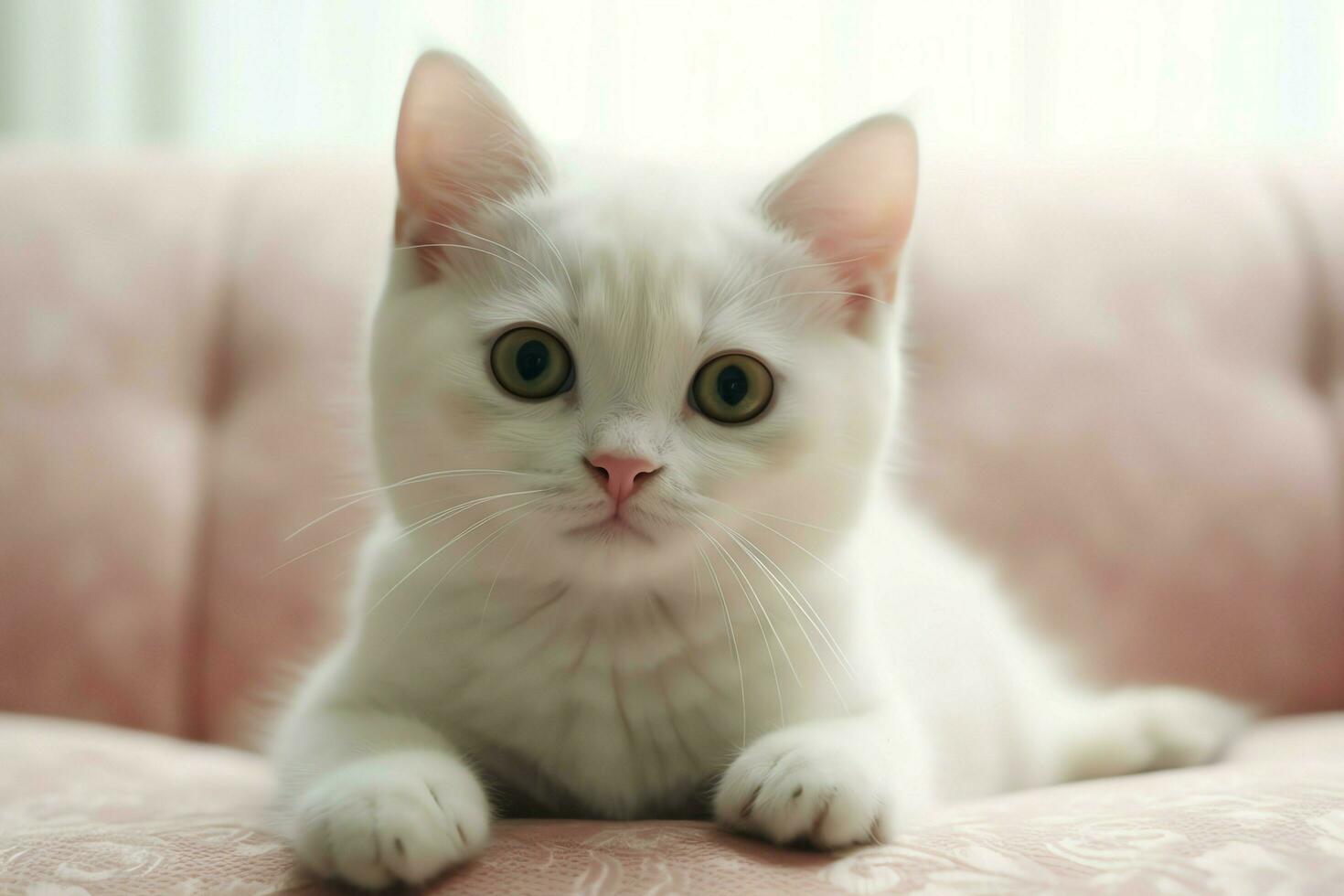 linda pequeño mullido gatito con hermosa ojos es sentado o descansando británico cabello corto. gato día concepto por ai generado foto