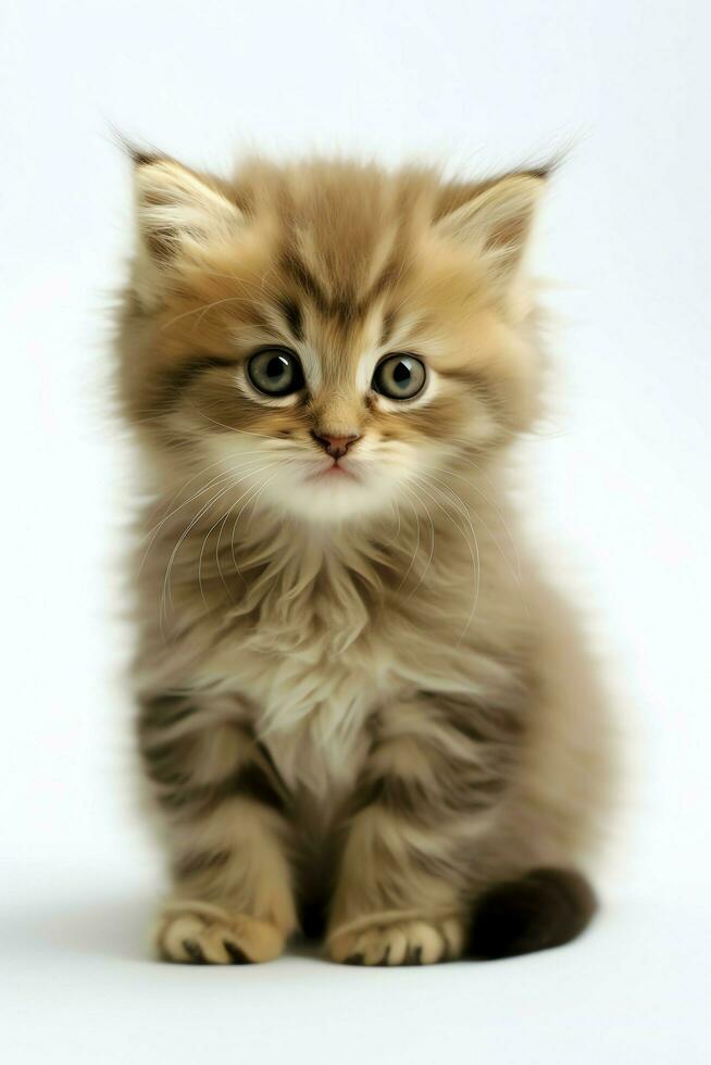 linda pequeño mullido gatito con hermosa ojos es sentado o descansando británico cabello corto. gato día concepto por ai generado foto