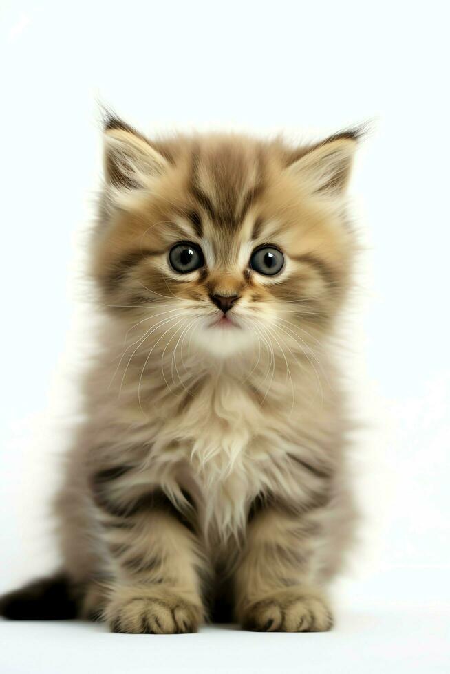 linda pequeño mullido gatito con hermosa ojos es sentado o descansando británico cabello corto. gato día concepto por ai generado foto