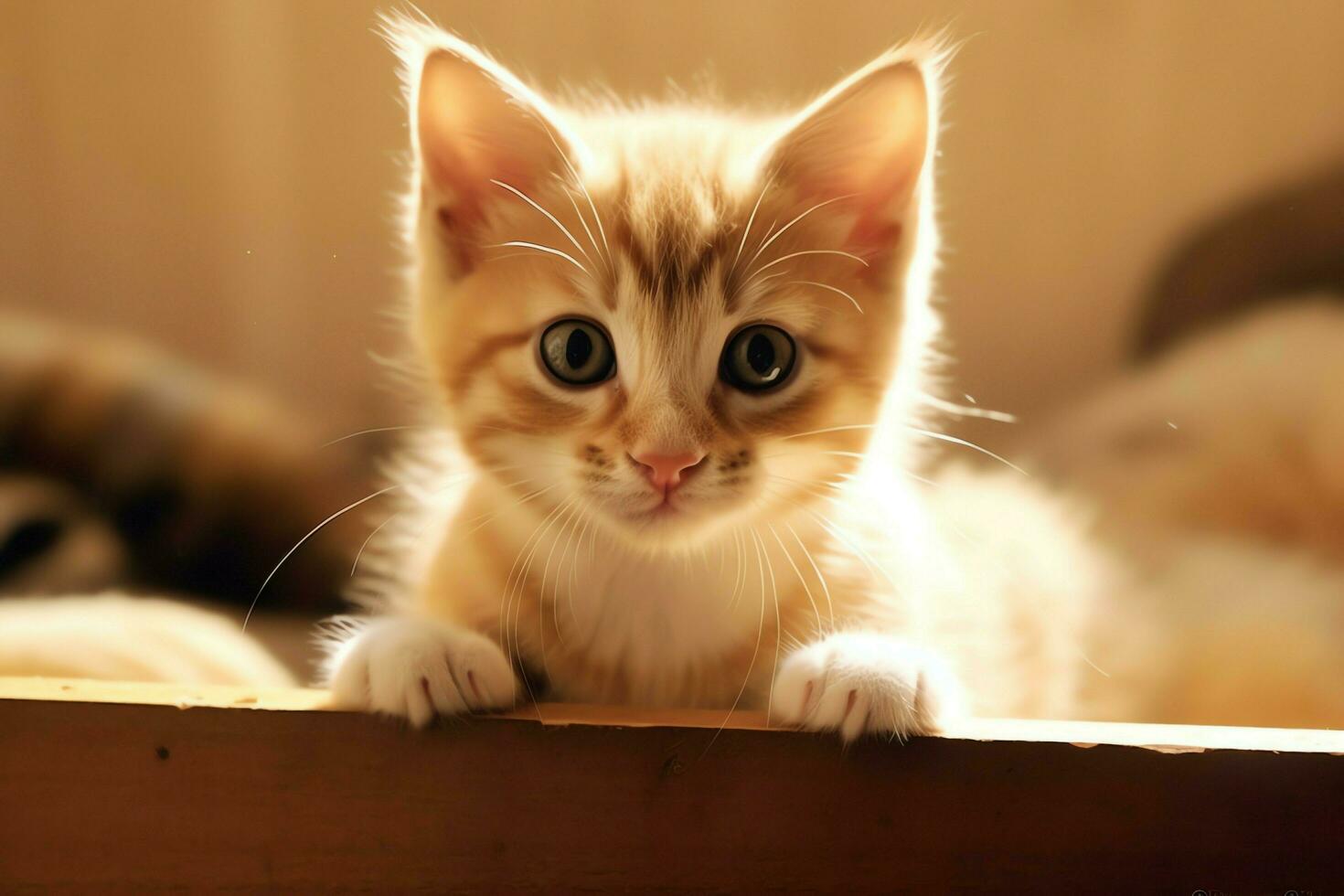 Cute small fluffy kitten with beautiful eyes is sitting or resting. British shorthair. Cat day concept by AI Generated photo