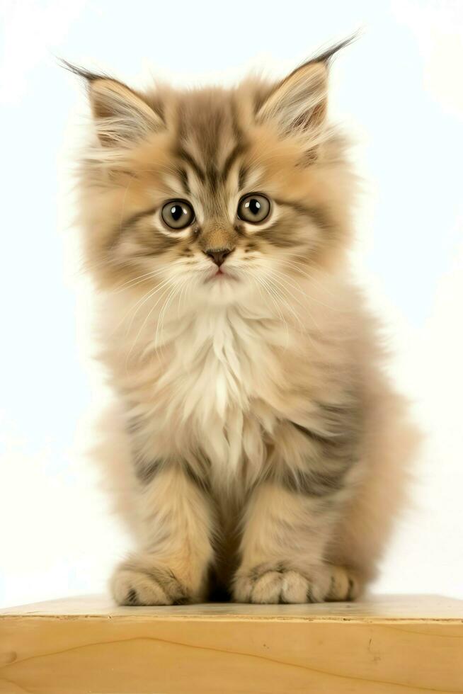 Cute small fluffy kitten with beautiful eyes is sitting or resting. British shorthair. Cat day concept by AI Generated photo