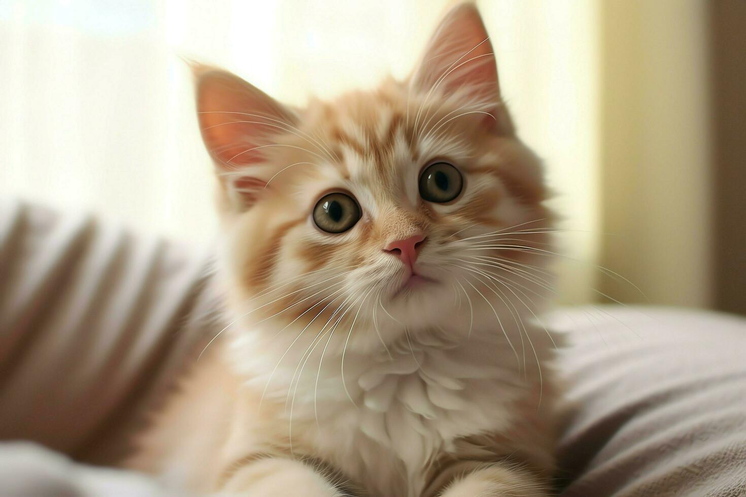 Cute small fluffy kitten with beautiful eyes is sitting or resting. British shorthair. Cat day concept by AI Generated photo