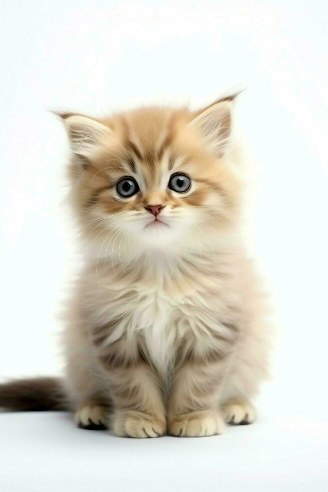 Cute small fluffy kitten with beautiful eyes is sitting or resting. British shorthair. Cat day concept by AI Generated photo