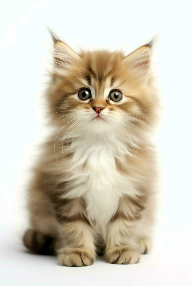 Cute small fluffy kitten with beautiful eyes is sitting or resting. British shorthair. Cat day concept by AI Generated photo