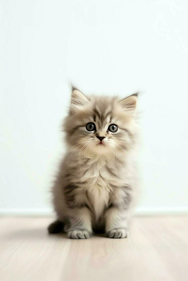 Cute small fluffy kitten with beautiful eyes is sitting or resting. British shorthair. Cat day concept by AI Generated photo
