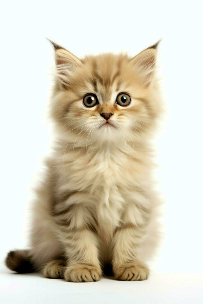 Cute small fluffy kitten with beautiful eyes is sitting or resting. British shorthair. Cat day concept by AI Generated photo