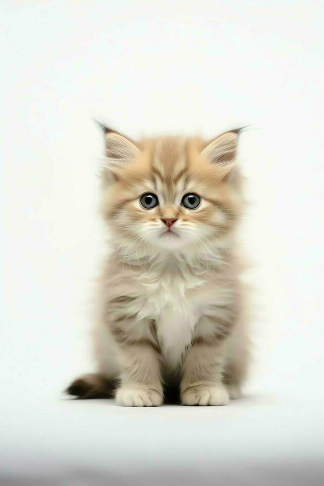 Cute small fluffy kitten with beautiful eyes is sitting or resting. British shorthair. Cat day concept by AI Generated photo