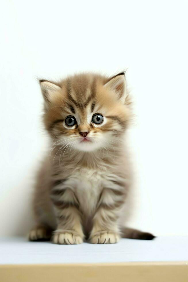 Cute small fluffy kitten with beautiful eyes is sitting or resting. British shorthair. Cat day concept by AI Generated photo