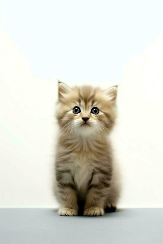Cute small fluffy kitten with beautiful eyes is sitting or resting. British shorthair. Cat day concept by AI Generated photo