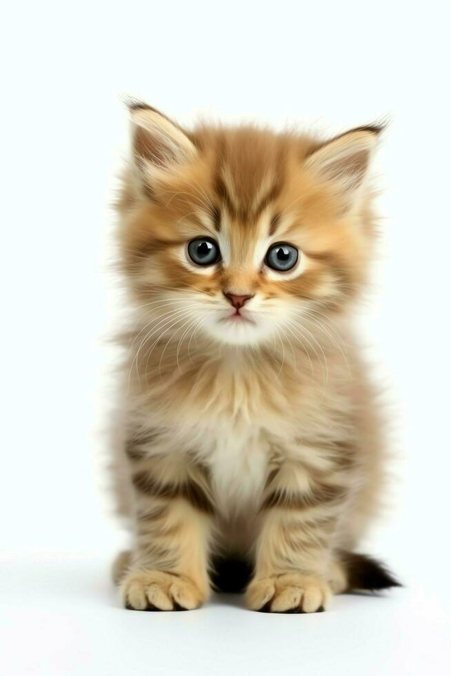 Cute small fluffy kitten with beautiful eyes is sitting or resting. British shorthair. Cat day concept by AI Generated photo