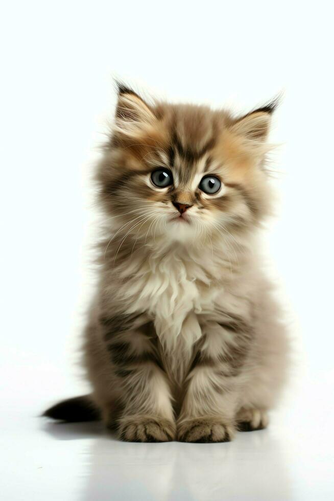 Cute small fluffy kitten with beautiful eyes is sitting or resting. British shorthair. Cat day concept by AI Generated photo