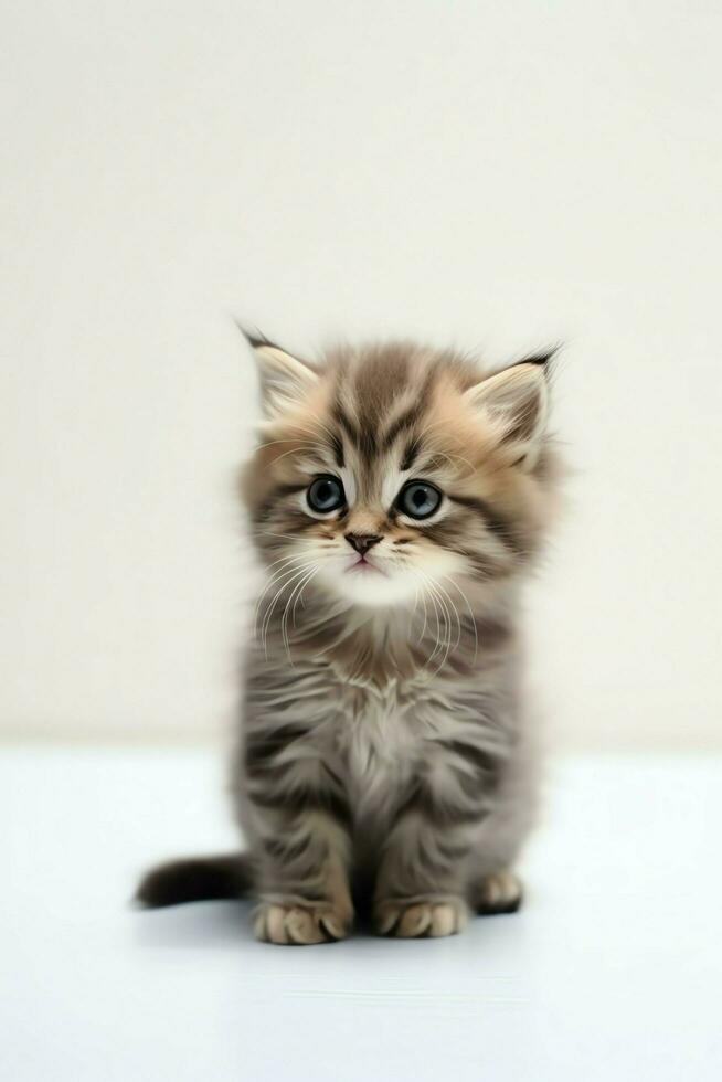 Cute small fluffy kitten with beautiful eyes is sitting or resting. British shorthair. Cat day concept by AI Generated photo