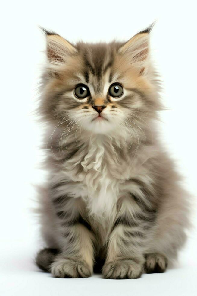 Cute small fluffy kitten with beautiful eyes is sitting or resting. British shorthair. Cat day concept by AI Generated photo