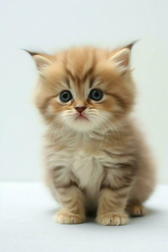 Cute small fluffy kitten with beautiful eyes is sitting or resting. British shorthair. Cat day concept by AI Generated photo