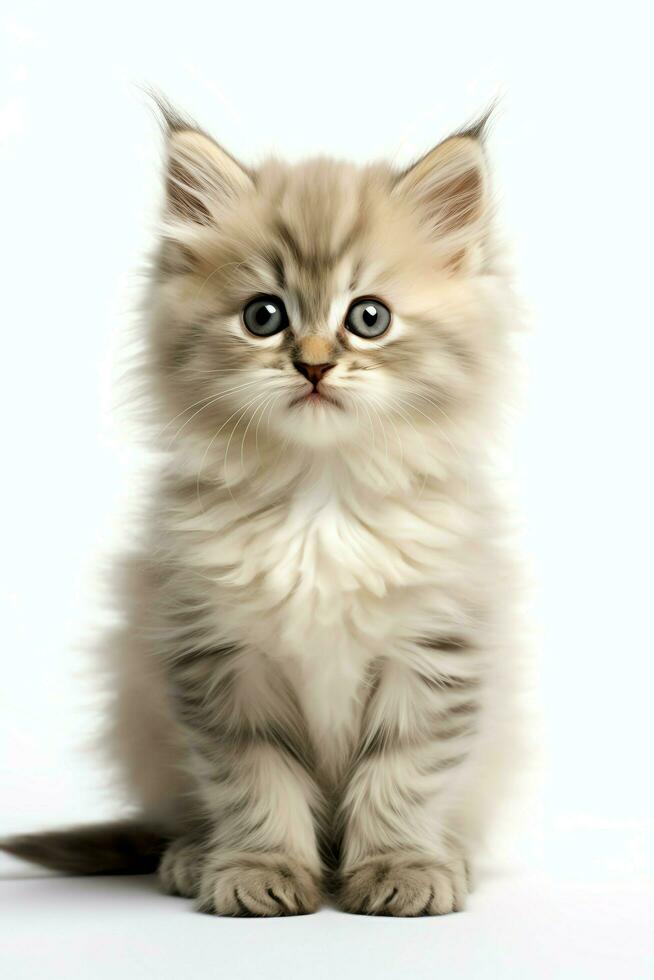 Cute small fluffy kitten with beautiful eyes is sitting or resting. British shorthair. Cat day concept by AI Generated photo