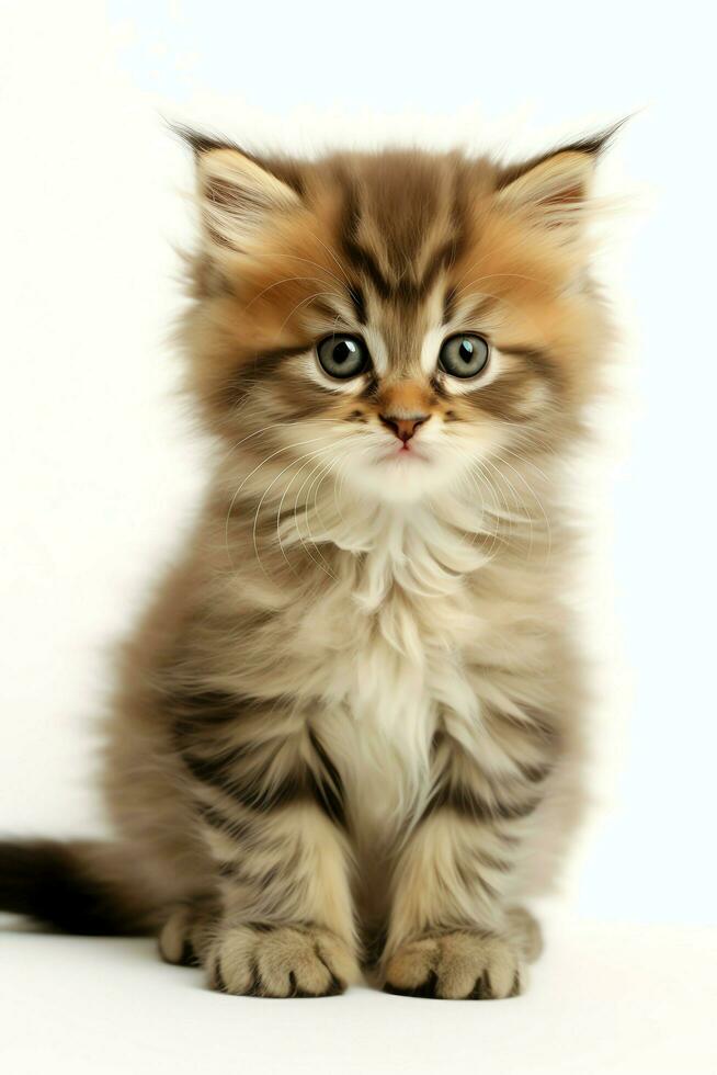 Cute small fluffy kitten with beautiful eyes is sitting or resting. British shorthair. Cat day concept by AI Generated photo