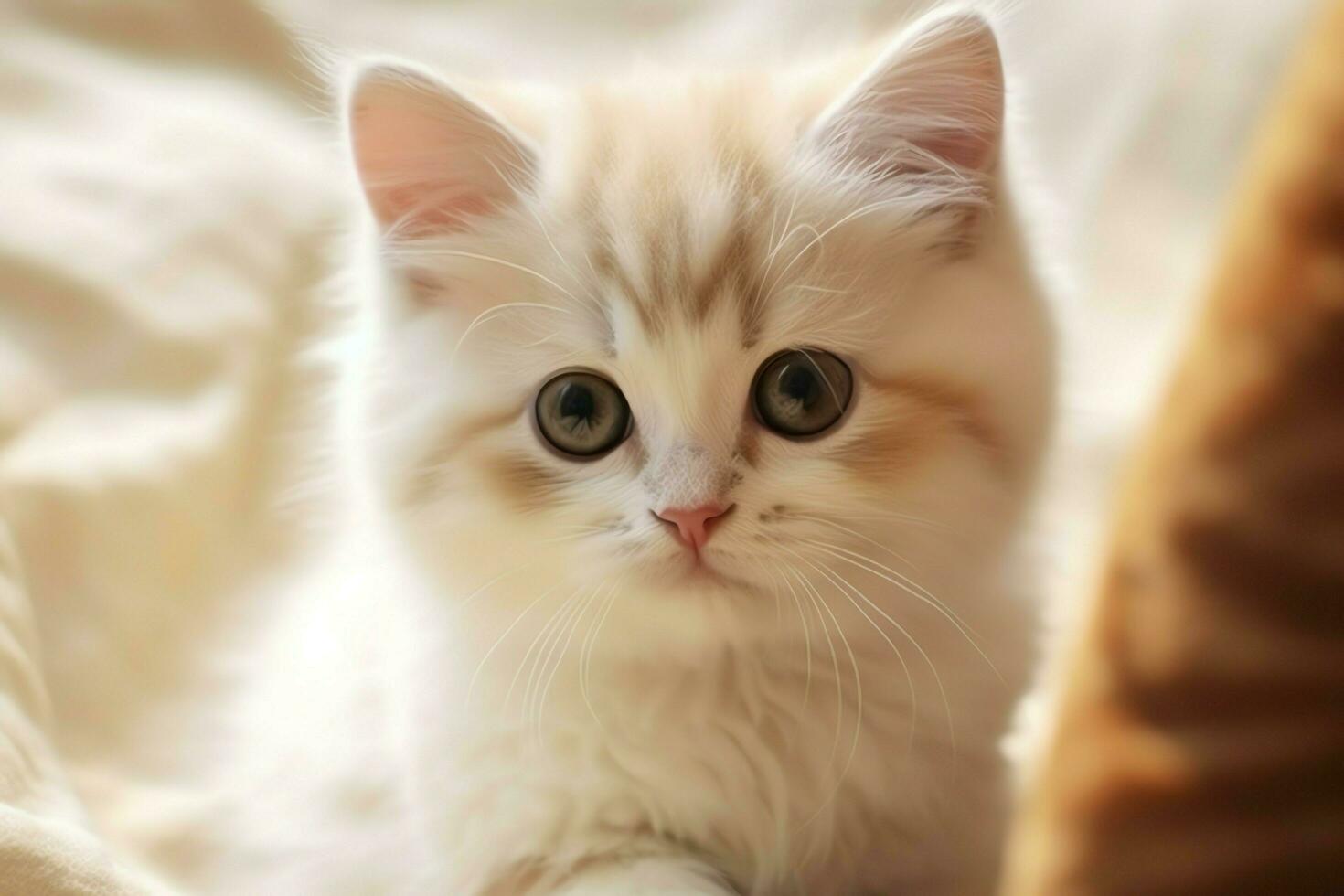 Cute small fluffy kitten with beautiful eyes is sitting or resting. British shorthair. Cat day concept by AI Generated photo