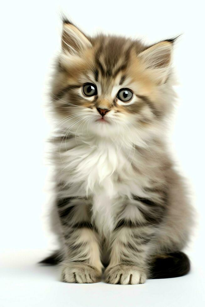 Cute small fluffy kitten with beautiful eyes is sitting or resting. British shorthair. Cat day concept by AI Generated photo