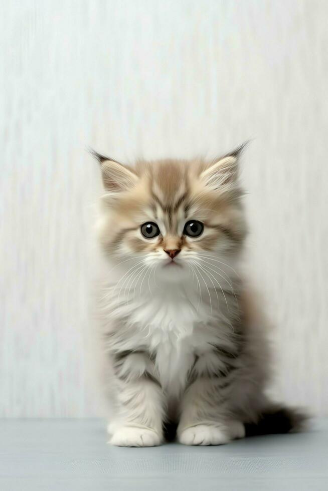 Cute small fluffy kitten with beautiful eyes is sitting or resting. British shorthair. Cat day concept by AI Generated photo