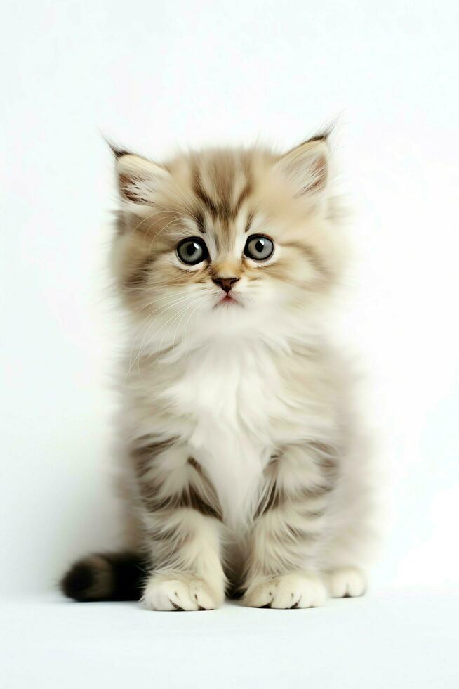 Cute small fluffy kitten with beautiful eyes is sitting or resting. British shorthair. Cat day concept by AI Generated photo