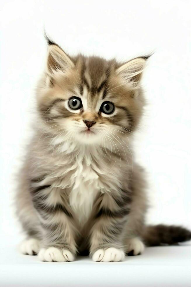 Cute small fluffy kitten with beautiful eyes is sitting or resting. British shorthair. Cat day concept by AI Generated photo