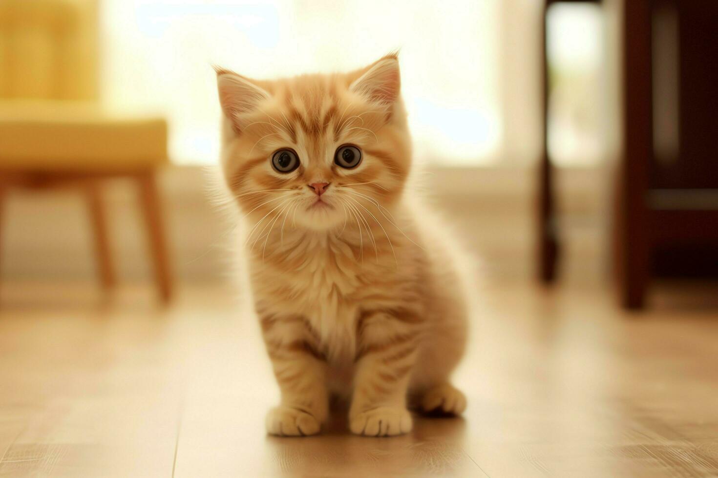 Cute small fluffy kitten with beautiful eyes is sitting or resting. British shorthair. Cat day concept by AI Generated photo