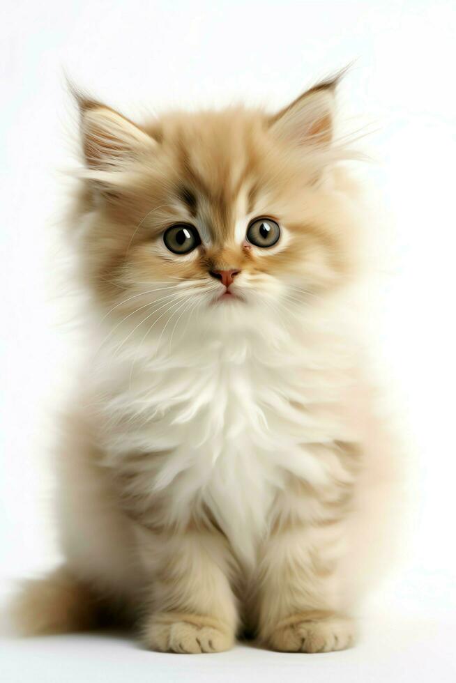Cute small fluffy kitten with beautiful eyes is sitting or resting. British shorthair. Cat day concept by AI Generated photo