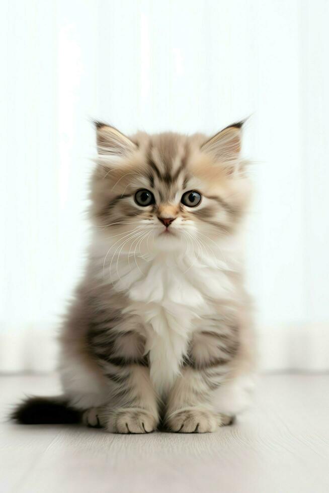 Cute small fluffy kitten with beautiful eyes is sitting or resting. British shorthair. Cat day concept by AI Generated photo