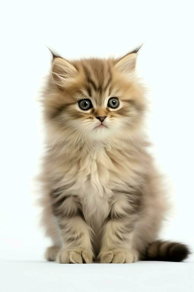 Cute small fluffy kitten with beautiful eyes is sitting or resting. British shorthair. Cat day concept by AI Generated photo