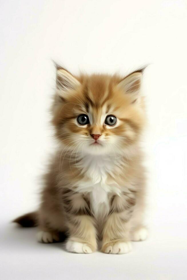 Cute small fluffy kitten with beautiful eyes is sitting or resting. British shorthair. Cat day concept by AI Generated photo