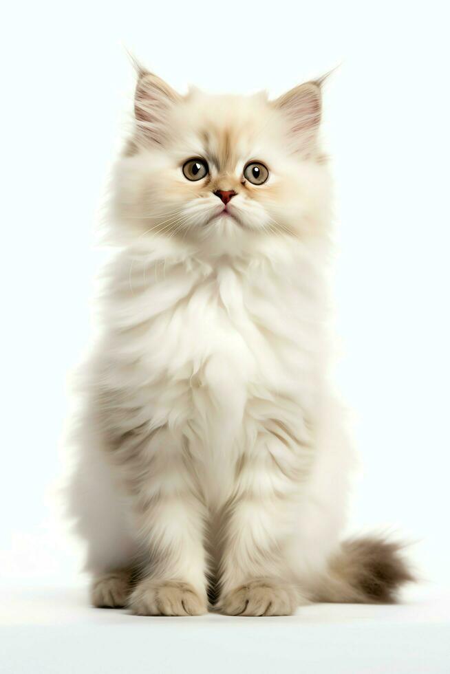 Cute small fluffy kitten with beautiful eyes is sitting or resting. British shorthair. Cat day concept by AI Generated photo