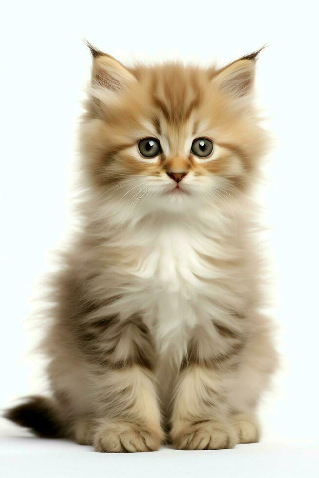 Cute small fluffy kitten with beautiful eyes is sitting or resting. British shorthair. Cat day concept by AI Generated photo