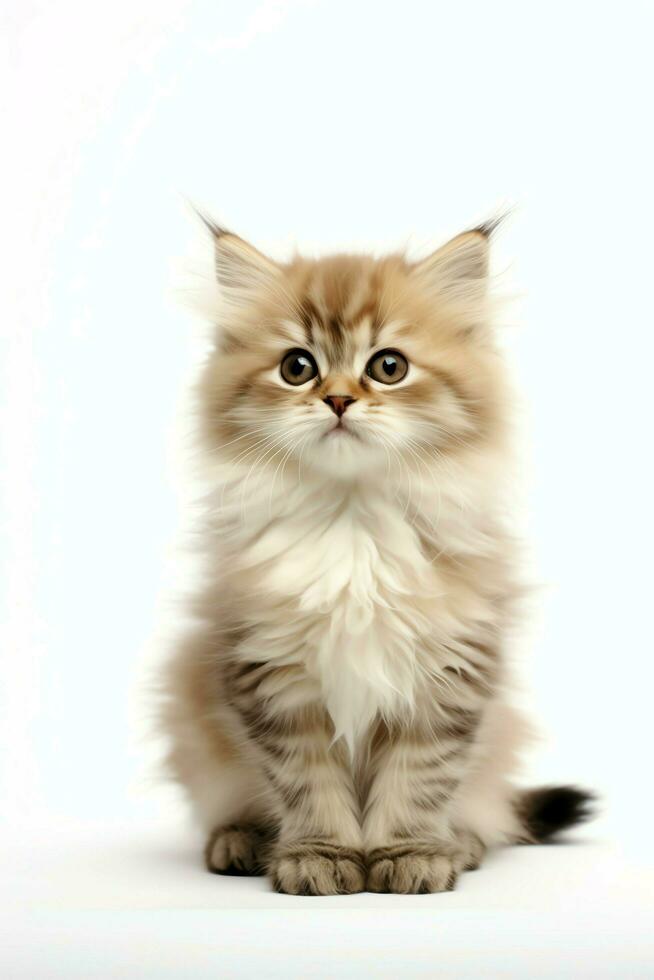 Cute small fluffy kitten with beautiful eyes is sitting or resting. British shorthair. Cat day concept by AI Generated photo