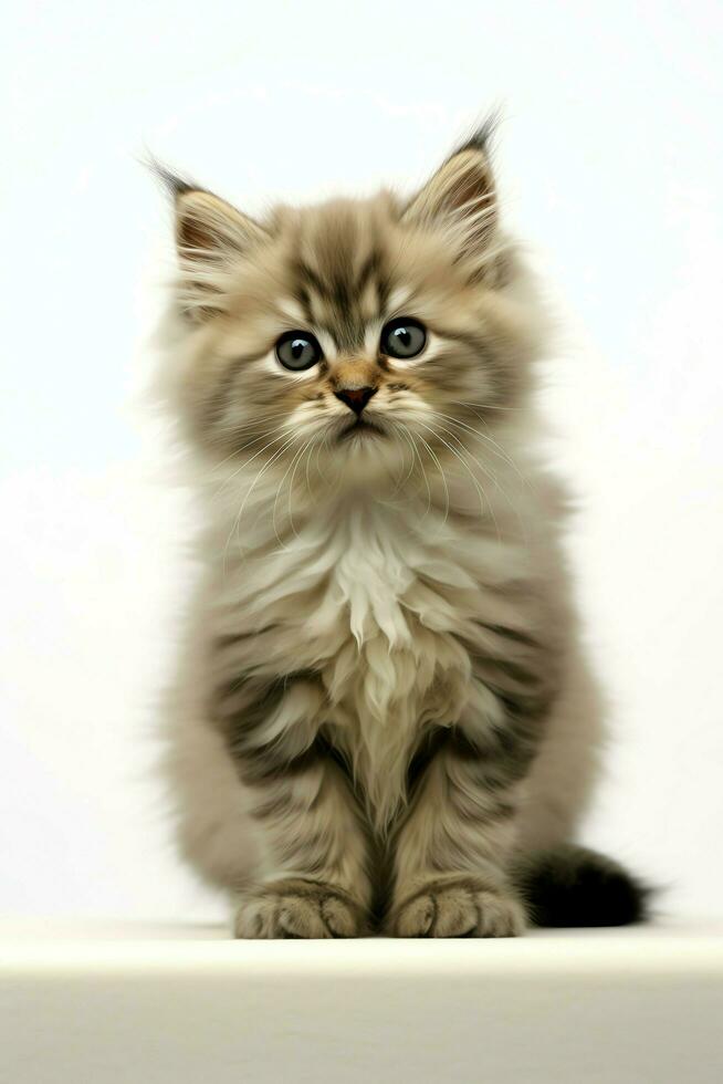 Cute small fluffy kitten with beautiful eyes is sitting or resting. British shorthair. Cat day concept by AI Generated photo